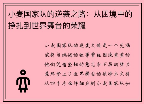 小麦国家队的逆袭之路：从困境中的挣扎到世界舞台的荣耀